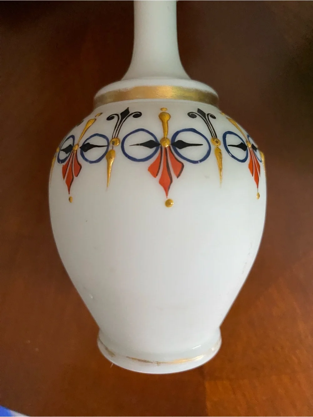 Vintage Bohemian Hand Painted White Opaline Milk Glass Vase Gilt Accent
